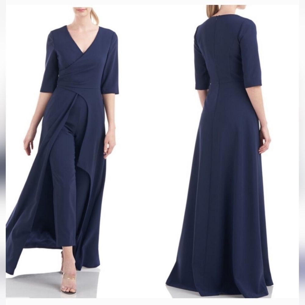 Kay Unger Women's Pleated Crepe Walk Thru Jumpsuit Navy sz 8 NWT